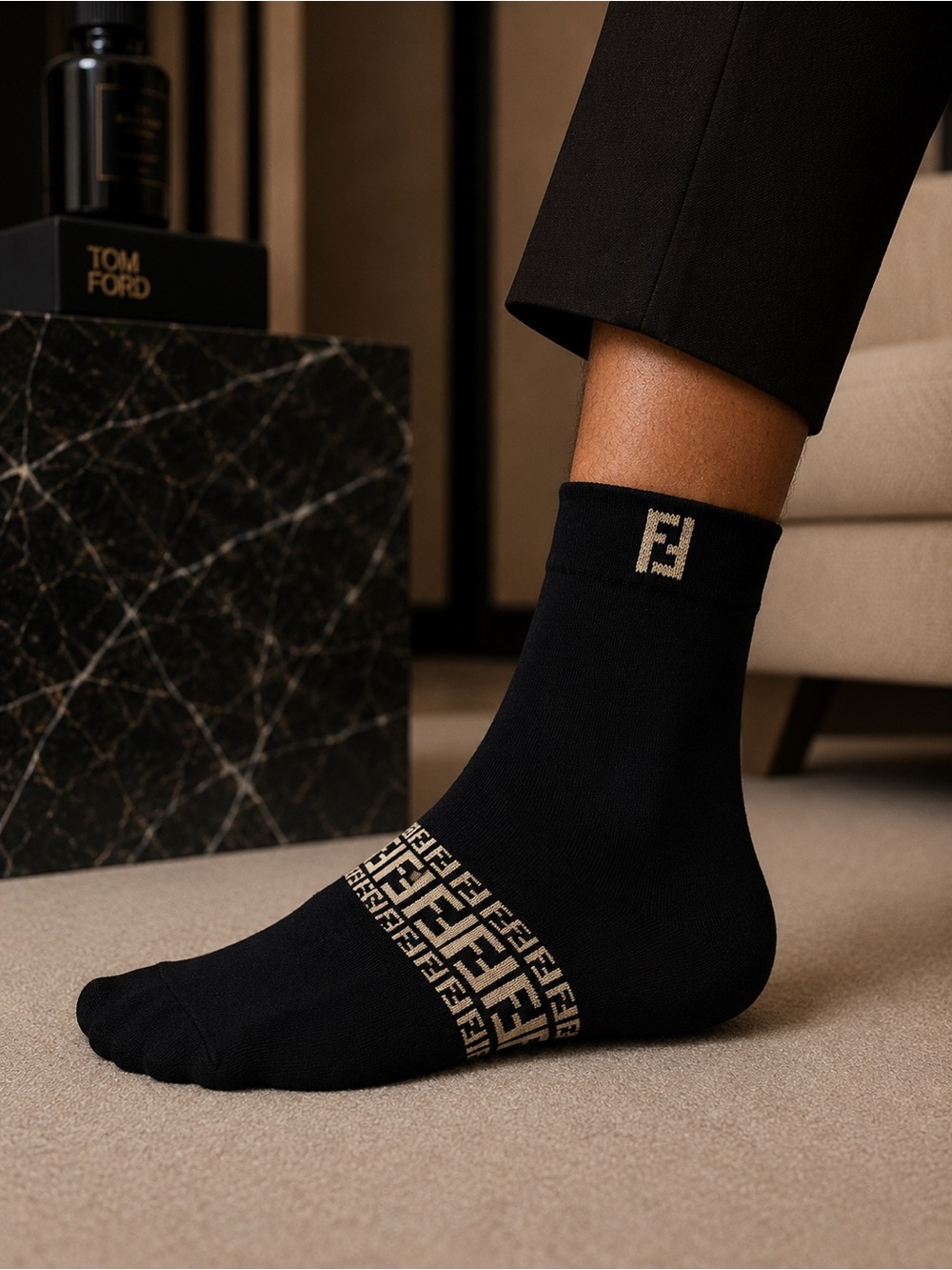 Fendi Black Crew Socks with Beige FF Logo Band